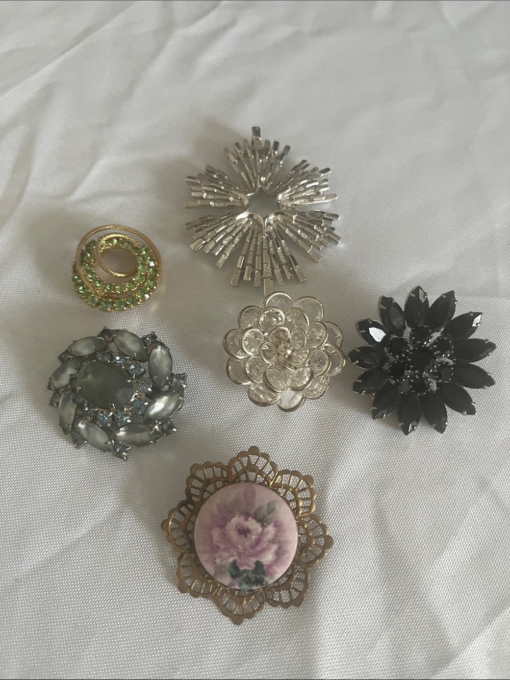 Mixed Floral & Gem Brooch Set in Black, Silver, Gold, Green, Pink